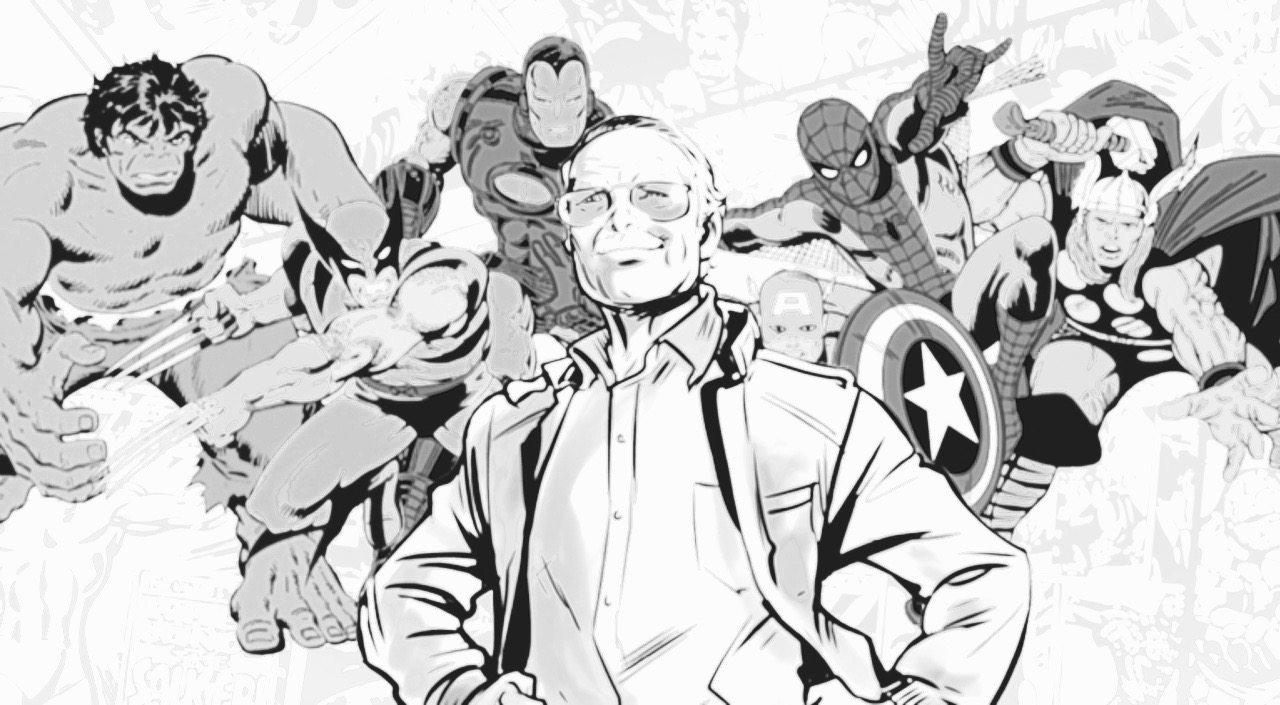 Stan Lee, caricaturitzat amb els seus herois. / Foto: comicbook
