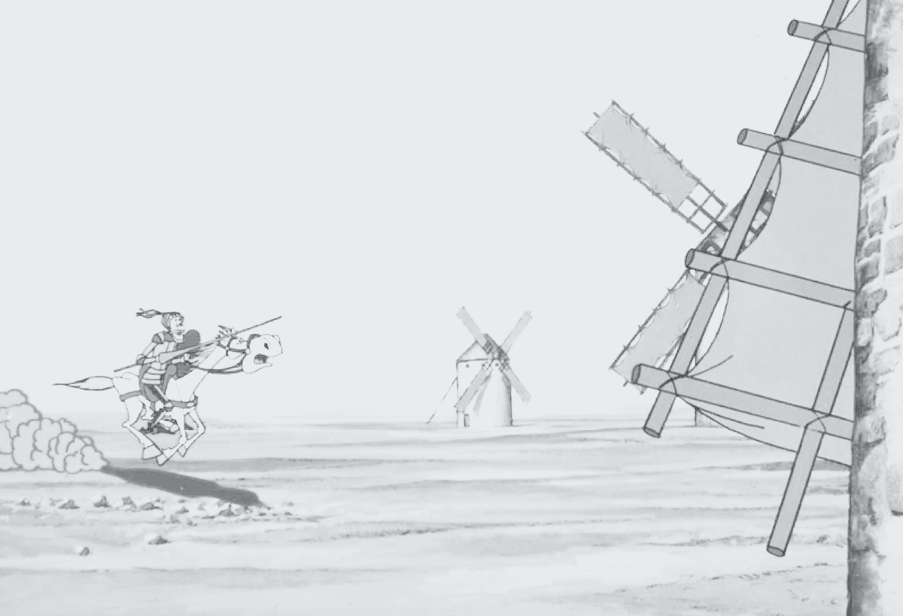 Don Quijote carga contra los molinos de viento